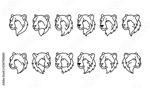 Cheetah Head Side View Line Art Vector Set with Wildlife Outline Illustrations
