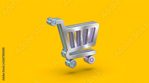 3D render of a modern metallic shopping cart icon illustrating online commerce isolated on a vibrant yellow background.