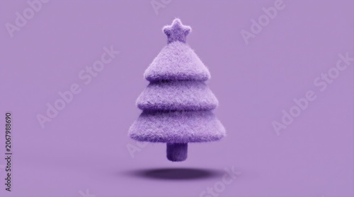 3D render of a fluffy Christmas tree icon symbolizing festive joy and modern winter holidays, isolated on a vibrant purple background.
