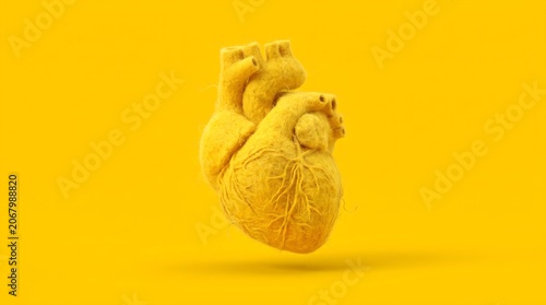 3D render of a cute fuzzy yellow heart illustrating emotional well-being and care isolated on a vibrant background.