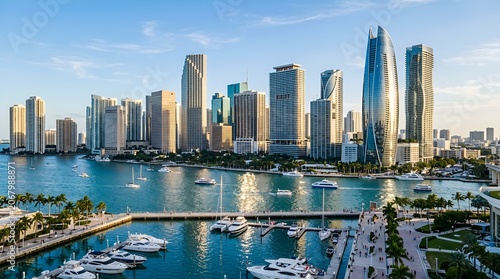Miami Skyline with Marina, Boats, Buildings, and Blue Sky