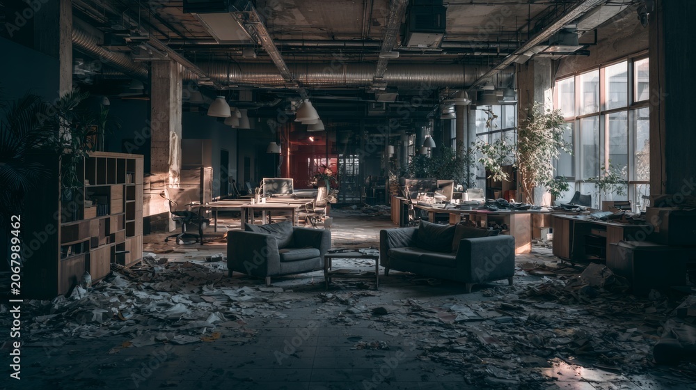 Fototapeta premium Abandoned Coworking Space Overtaken by Dust and Debris with Disordered Furniture and Neglected Workstations