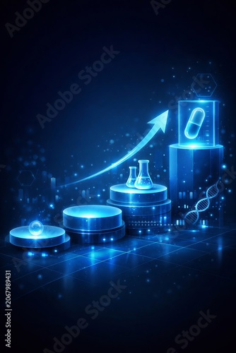 Pharmaceutical Biotechnology Growth Chart: Futuristic Healthcare Innovation, Digital Medicine Research, Science Analytics, Chemistry Development, Data Statistics Concept