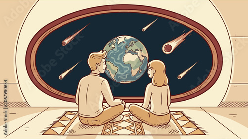 Photos A man and woman sit on a rug, gazing out a large oval window at Earth in space with meteors streaking by, contemplating the cosmos
