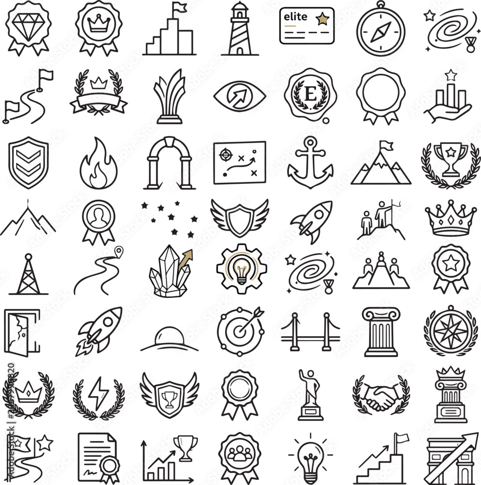 Fototapeta premium Success and achievement line icons, 49 business goal and leadership symbols, motivational reward and growth vector set for corporate branding
