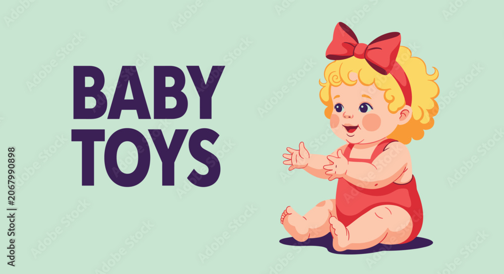 Fototapeta premium Adorable baby girl with blonde curly hair and a red bow sits happily next to the bold purple text saying baby toys.