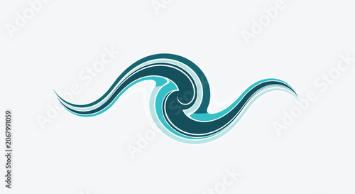 Centered teal wave swirl motif with elegant curves and gradients set against a clean grey background for a corporate logo style.