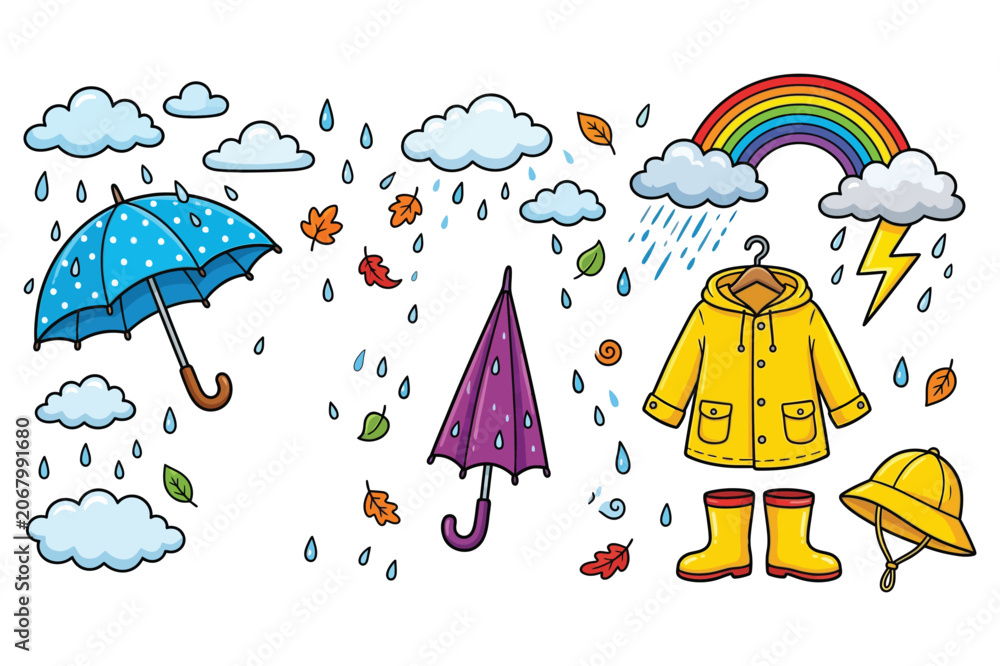 Naklejka premium Rainy Weather Elements: Umbrellas Raincoat Boots and Rainbow
