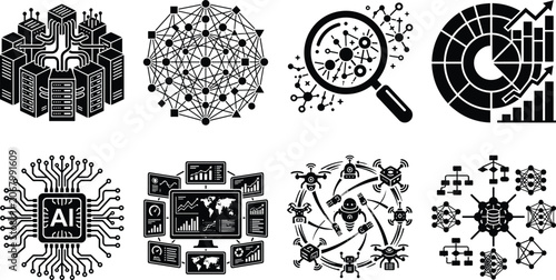 Set of artificial intelligence and big data black glyph icons representing machine learning network and data science