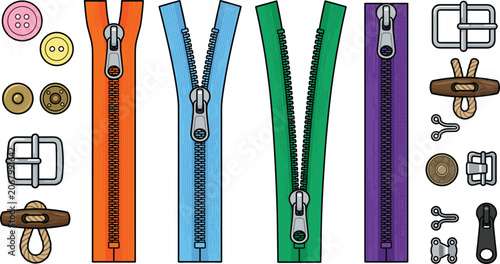 Tableau sur toile Sewing Fasteners Vector Icon Set with Colorful Zippers Metal Buckles Buttons and