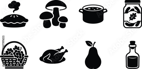 Set of autumn harvest and traditional cooking black glyph icons representing food ingredients and homemade meals
