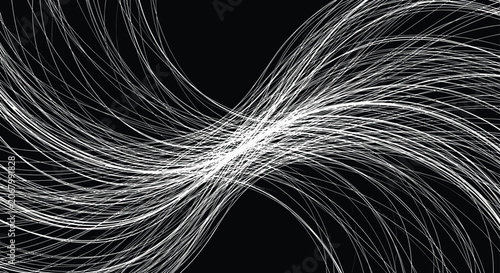 Dynamic explosion of thin white wavy lines crossing and overlapping on a black background creating a high contrast abstract effect.