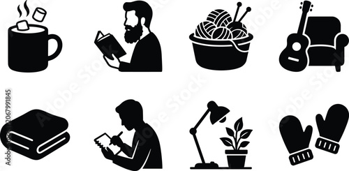 Set of hygge and cozy home pastime black glyph icons representing indoor relaxation hobbies and winter comfort