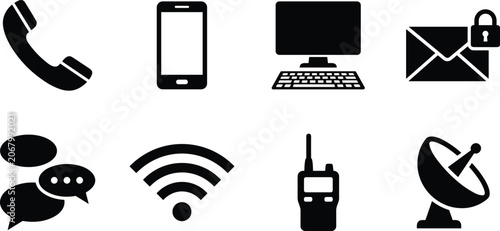 Set of telecommunication and digital communication black glyph icons representing global networking data transfer and connectivity devices