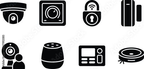 Smart home devices and security system icon set featuring surveillance cameras smart speaker thermostat and robotic vacuum