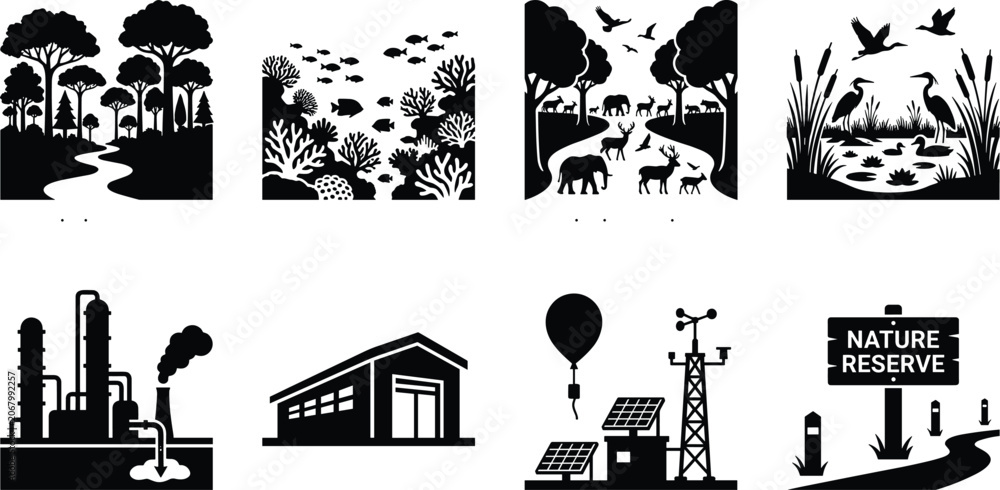 Fototapeta premium Environmental conservation and ecological monitoring concept icons set vector solid black silhouettes isolated on white background