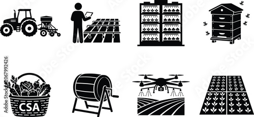 Agricultural icons set showing modern farming technology smart agriculture sustainable practices and crop management isolated on a white background