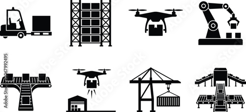 Warehouse and smart logistics icon set featuring delivery drones forklift robotic arms storage racks and harbor crane