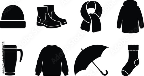 Winter clothing and autumn seasonal accessories silhouette icon set for cold weather fashion and lifestyle concepts