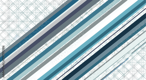 Thick diagonal stripes in shades of blue and grey crossing a thin white grid for a technical and structural design background.