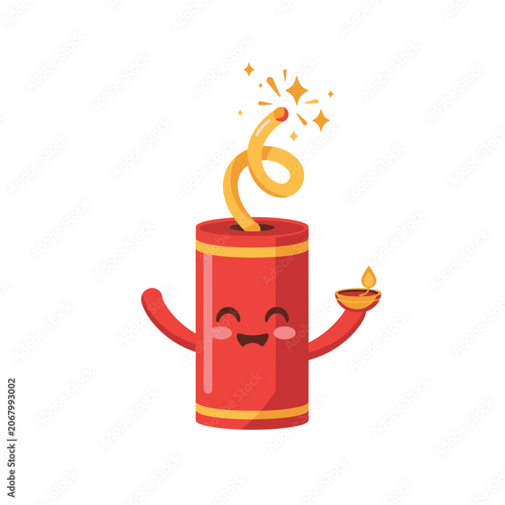 Obraz premium Joyful firecracker character holding a diya oil lamp with sparkling fuse celebrating diwali festival festive