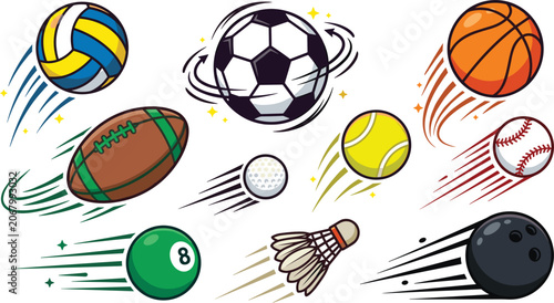 Foto Sports Ball Vector Icon Set with Fast Flying Soccer Basketball Football Tennis V
