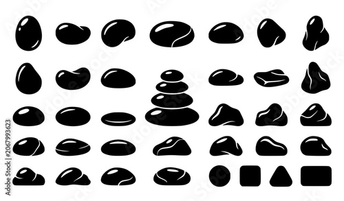 Photography Black and white stone icon collection with smooth pebbles and natural rock shape
