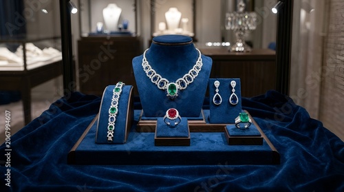 Luxury emerald and sapphire jewelry set in display case, fine diamond necklace, ring, bracelet