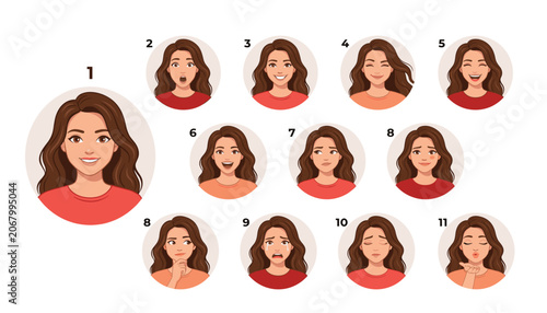 Bild auf Leinwand Young woman avatar character set showing various facial expressions and emotional head reactions