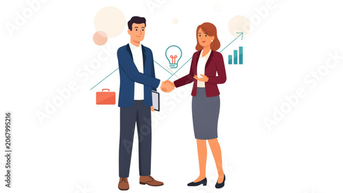 Foto Professional man and woman shaking hands with business charts and graphs Vector