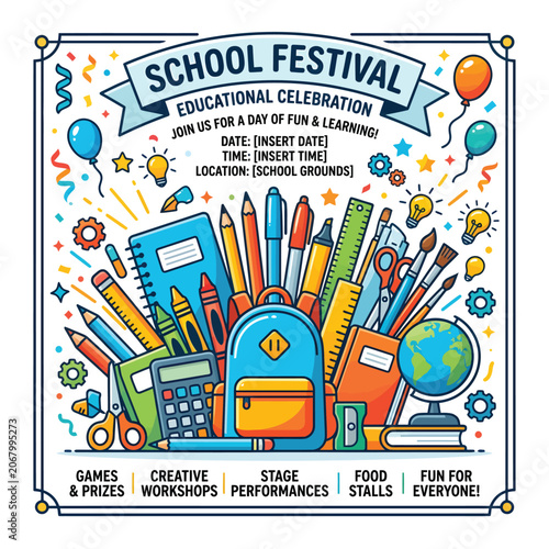 Colorful school festival poster with backpack and pencils