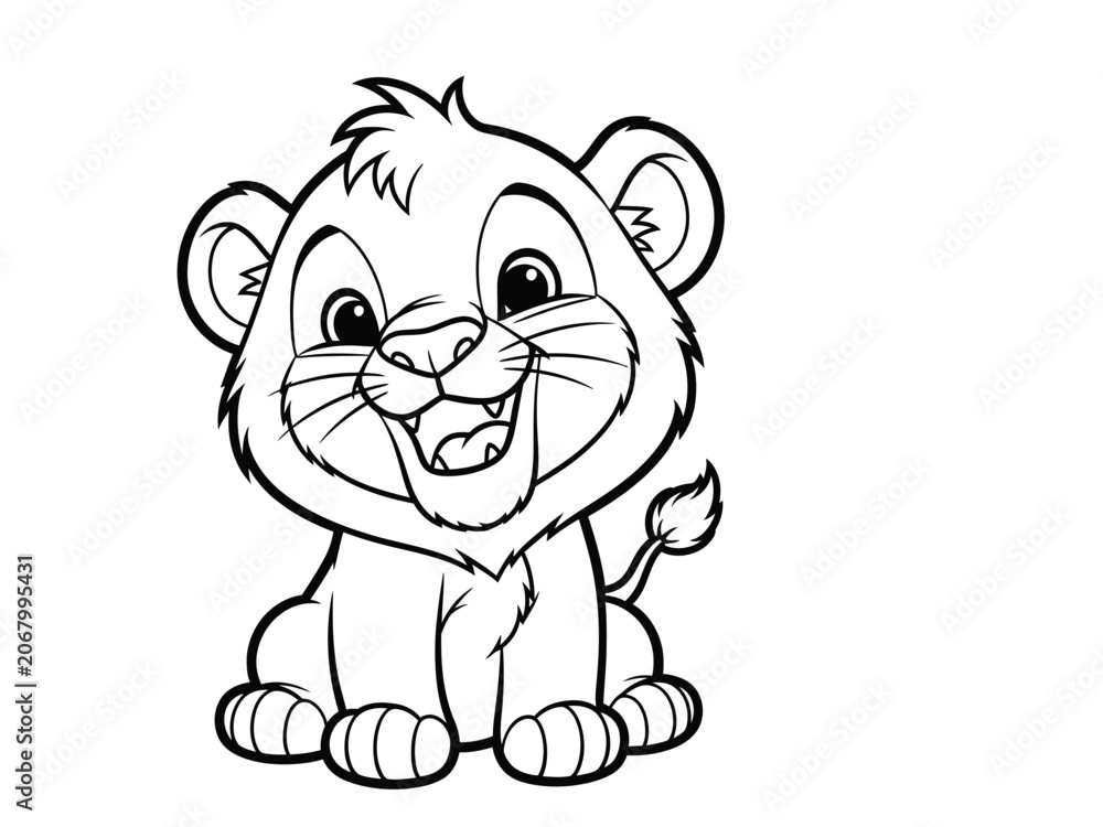 Fototapeta premium Cute lion cub cartoon illustration black and white line art
