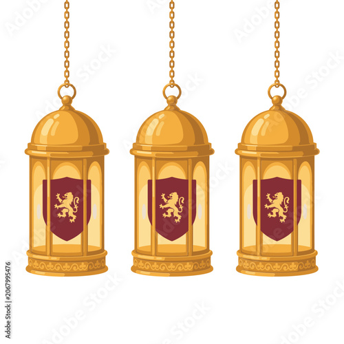 Schilderij op canvas Three hanging golden lanterns with red shield emblems featuring lion crests for