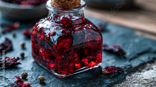 Handcrafted shrub syrup in a tall apothecary bottle, dried hibiscus and whole peppercorns visible through thick glass, syrupy viscosity coating interior walls, botanical drinking vinegar concentrate