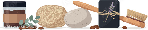 Foto Natural Spa and Bath Products Vector Set Featuring Coffee Scrub Pumice Stone Lav