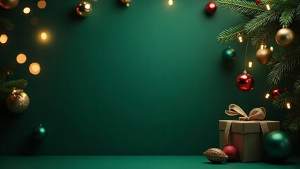 Christmas decorations with a green background featuring a gift box, ornaments, and fairy lights creating a festive atmosphere for holiday celebrations
