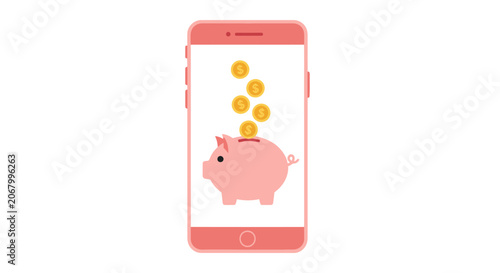 Digital Savings and Mobile Banking Concept Illustration with Piggy Bank and Gold Coins on Smartphone Screen, Fintech App Design