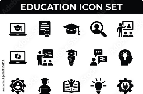 Education icon set with 15 black solid vector symbols, academic learning and e-learning icons, school and university study elements for web design