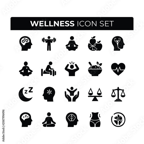 Wellness icon set with 20 black solid vector symbols, holistic health and fitness icons, mental wellbeing and lifestyle balance graphics for apps
