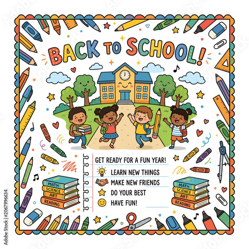 Back to school illustration with kids and stationery