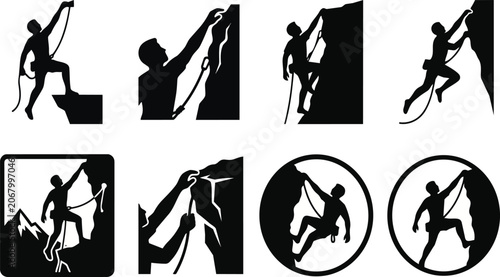 Tableau sur toile Extreme Rock Climbing and Mountaineering Silhouette Set, Alpinism Rappelling and