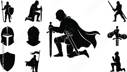 Fotografie Medieval Knight and Crusader Warrior Silhouette Set, Ancient Armor and Longsword