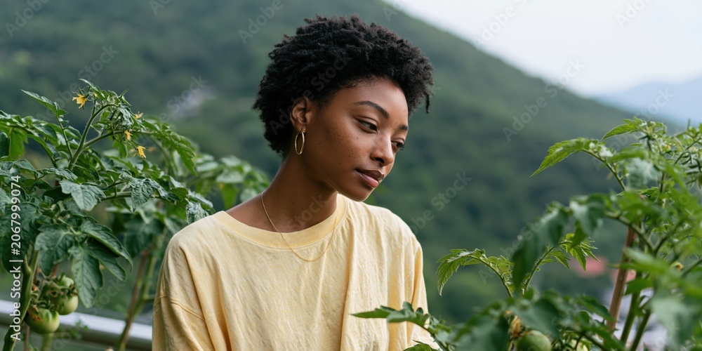 Obraz premium Young woman tending tomato plants on a balcony garden with mountain view for sustainable living and gardening background, home urban farm and eco lifestyle design