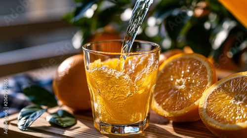 Fresh-squeezed navel orange juice mid-pour into a glass, suspended pulp fibers and juice vesicles visible in turbulent liquid column, citrus essential oil spray caught in sidelight above the stream,
