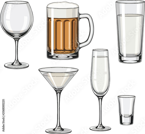 Set of various empty and full drinking glassware including a beer mug a wine glass a martini glass and a champagne flute displayed on a transparent background for drink menus