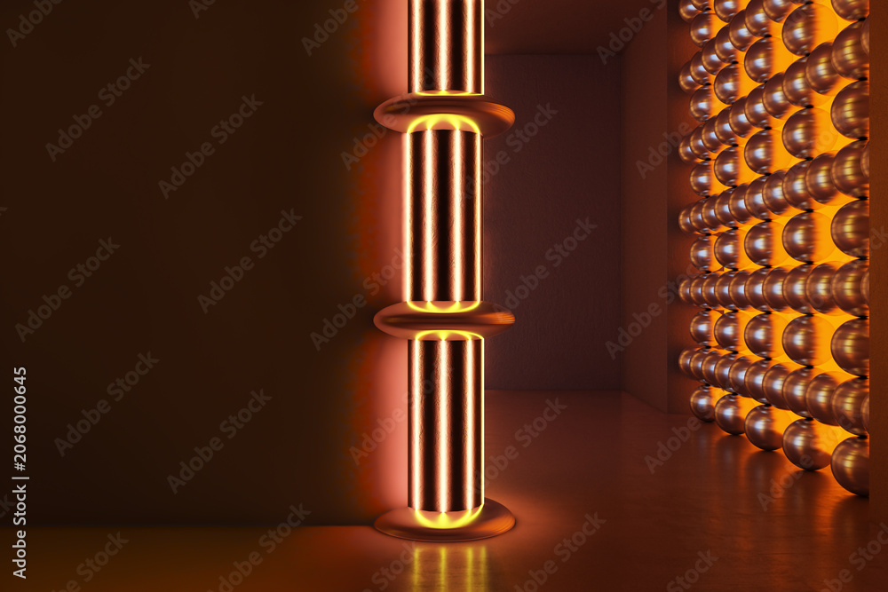 Naklejka premium Neon interior room with glowing pillars and metallic sphere wall creating modern abstract space illuminated in warm light. 3D Rendering