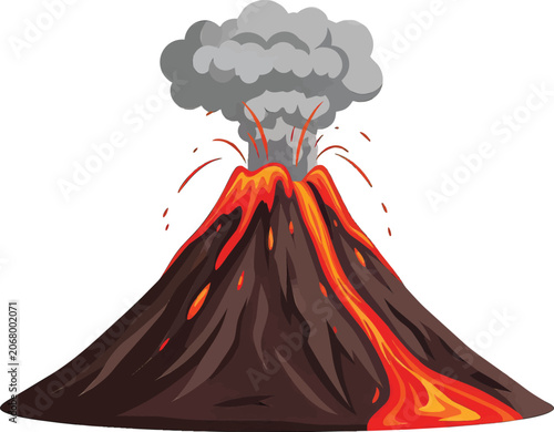 A vibrant cartoon style illustration of an active volcanic eruption showing flowing hot orange magma and thick grey smoke clouds set against a simple clean transparent background