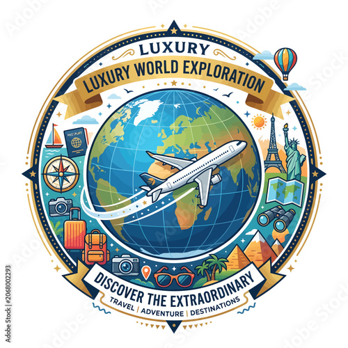 Luxury travel world map with famous landmarks and hot air balloon