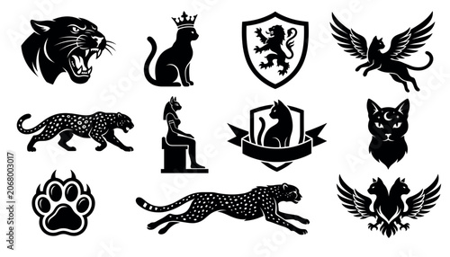 Cuadro en lienzo Feline Mythical and Wild Cat Silhouette Icon Set Featuring Flying Winged Cat, Eg