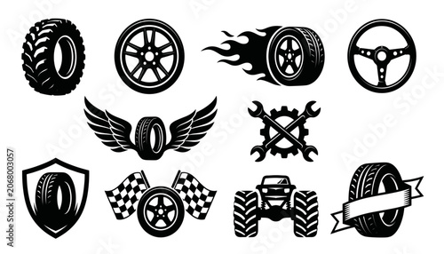 Slika na platnu Automotive and Car Racing Tire Icon Set Featuring Flaming Wheels, Offroad Tires,